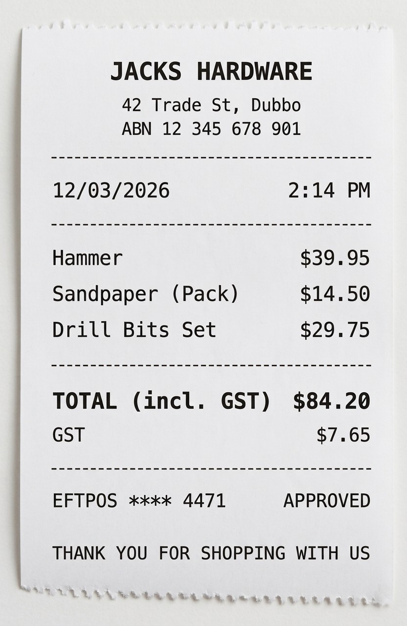 Example paper receipt from Jacks Hardware